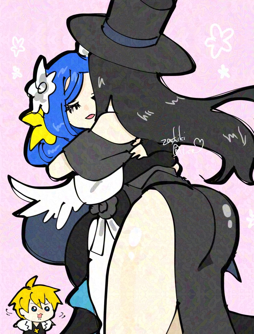 1boy 1girl 1other ass black_hair blonde_hair blue_hair chibi closed_eyes dizzy_(guilty_gear) from_behind guilty_gear guilty_gear_strive hat hug huge_ass ky_kiske long_hair queen_dizzy shaking_head testament_(guilty_gear) thighs top_hat zashikialice