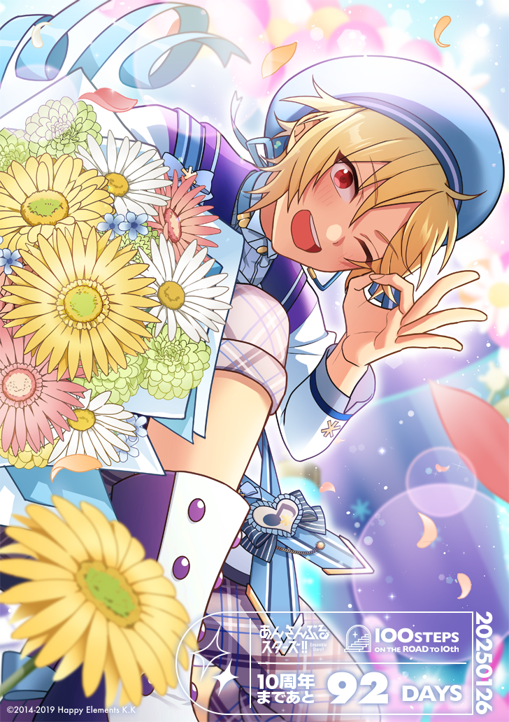 1boy beret blonde_hair blue_flower blue_ribbon blurry blurry_background blurry_foreground blush boots bouquet bubble colorful_background copyright_name copyright_notice countdown dated eighth_note ensemble_stars! eyes_visible_through_hair falling_petals flower flower_request from_below green_flower hand_up hat headset holding holding_bouquet knee_up leaning_forward light_particles long_sleeves looking_at_viewer looking_down male_focus multicolored_boots musical_note na5san nito_nazuna official_alternate_costume official_art ok_sign on_one_knee one_eye_closed open_mouth pants pants_rolled_up parted_bangs petals pink_flower plaid_clothes plaid_pants purple_boots purple_pants red_eyes ribbon shirt short_hair smile solo sparkle teeth two-tone_boots upper_teeth_only v-shaped_eyebrows white_boots white_flower white_hat white_shirt wingtip_collar yellow_flower