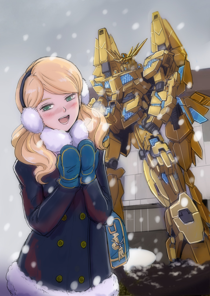 1girl bag blonde_hair blue_eyes blush building coat commentary_request earmuffs gacha-m green_eyes gundam gundam_narrative heart long_hair long_sleeves looking_at_viewer mecha mechanical_wings mittens nt-d photoshop_(medium) rita_bernal robot shield shoulder_bag snow solo standing statue unicorn_gundam_phenex upper_body wavy_hair wings winter winter_clothes winter_coat