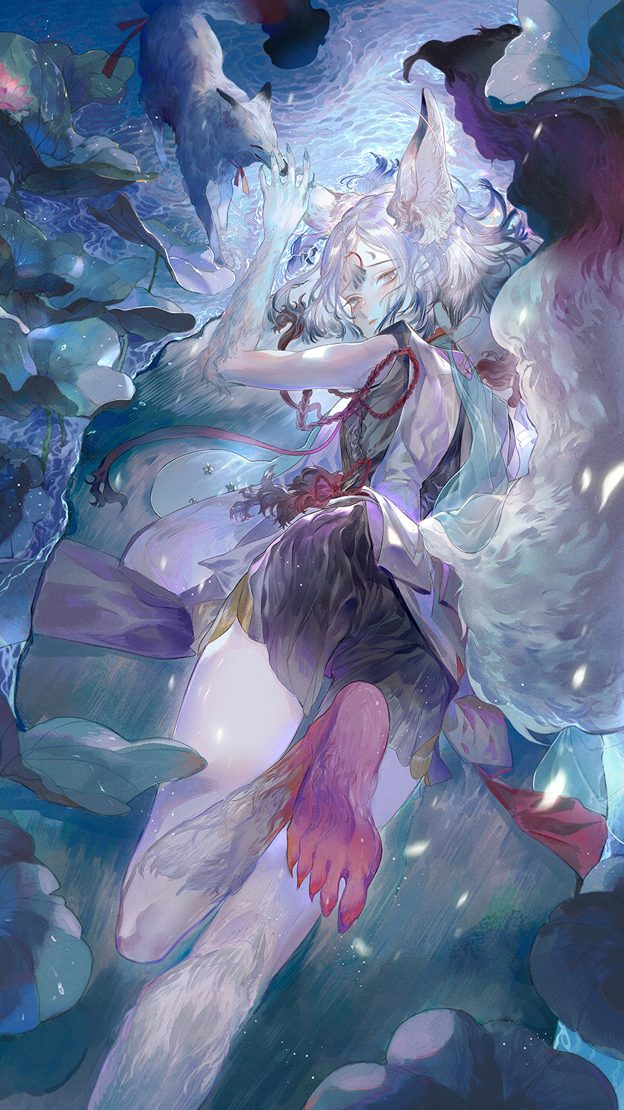 1boy animal_ear_fluff animal_ears barefoot blue_eyes fingernails fox fox_boy fox_ears fox_tail highres looking_at_viewer looking_back lying male_focus on_stomach shanhai_jing_hua sharp_fingernails short_hair sleeveless solo tail water white_hair yinzinmiemie