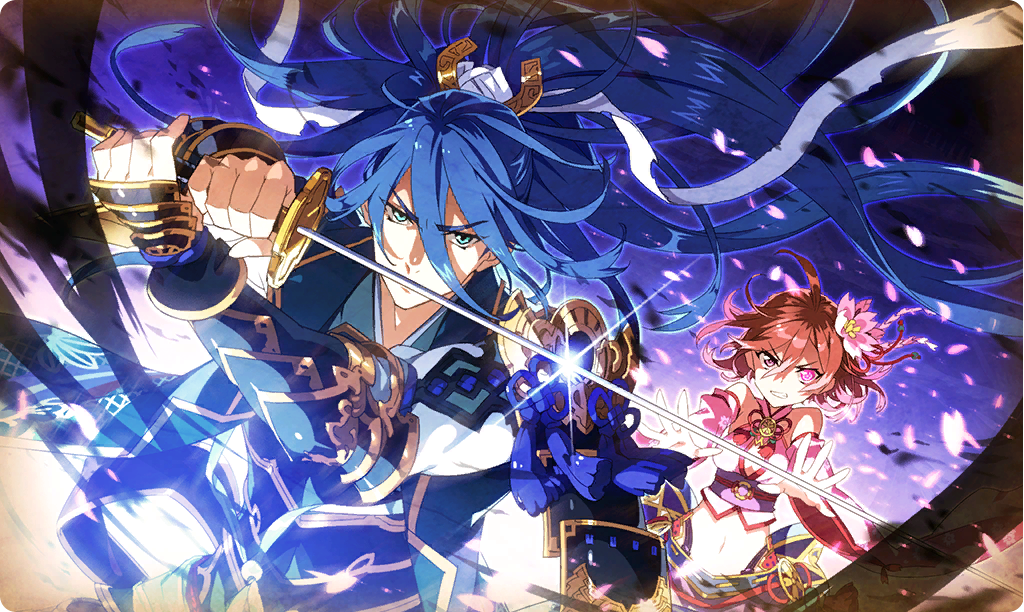1boy 1girl armor blue_eyes blue_hair brown_hair commentary covering_own_mouth detached_sleeves english_commentary floating_hair flower glowing glowing_eye grin hair_between_eyes hair_flower hair_ornament hands_up haoumaru_(shinobi_nightmare) holding holding_sword holding_weapon katana long_hair looking_at_another midriff official_art outstretched_arms pink_eyes sakura_(shinobi_nightmare) shinobi_nightmare shoulder_armor smile sword ta_ga_tame_no_alchemist third-party_source two-handed upper_body weapon