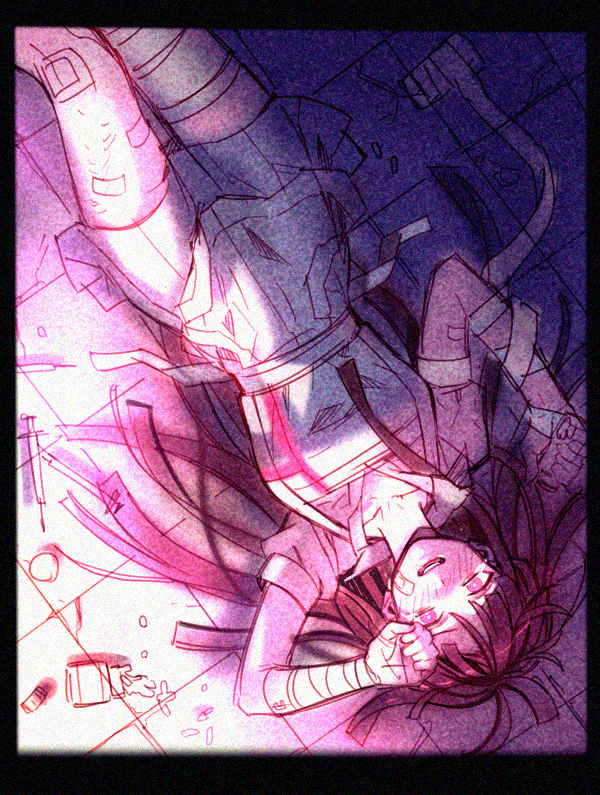 1girl bandaged_arm bandages collared_shirt commentary_request cowboy_shot danganronpa_(series) danganronpa_2:_goodbye_despair dg_xhs hand_on_own_head hands_up kishimen_hair long_hair looking_at_viewer lying on_back open_mouth pink_shirt pleated_skirt puffy_short_sleeves puffy_sleeves shirt short_sleeves skirt smile solo tile_floor tiles tsumiki_mikan upside-down