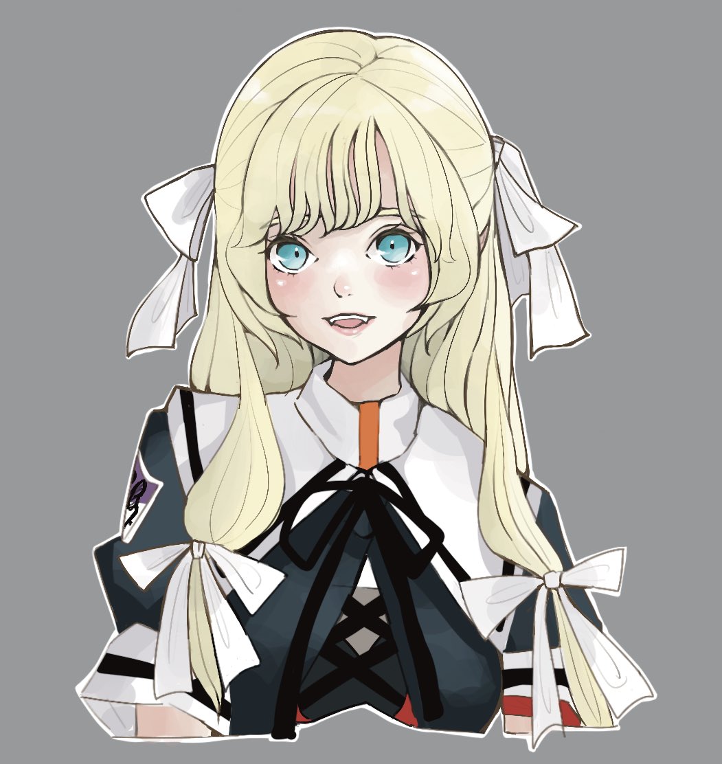 1girl aqua_eyes arm_ribbon arms_at_sides assault_lily black_ribbon black_shirt blonde_hair blush commentary_request cropped_arms cropped_jacket cropped_torso cross-laced_clothes cross-laced_top fangs grey_background hair_ribbon long_hair looking_at_viewer luise_ingels neck_ribbon parted_lips puffy_short_sleeves puffy_sleeves red_ribbon ribbon sally_(allogkk) school_uniform shirt short_sleeves simple_background smile solo teeth upper_body upper_teeth_only white_ribbon yurigaoka_girls_academy_school_uniform