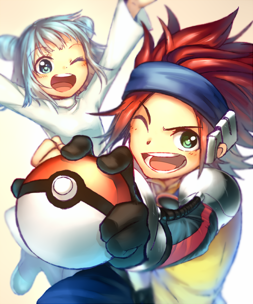 1boy 1girl arms_up blue_hairband blue_pants blurry blush brother_and_sister dress gloves green_eyes hairband holding holding_poke_ball jacket jovi_(pokemon) long_sleeves michael_(pokemon) nintendo one_eye_closed open_mouth pants poke_ball poke_ball_(basic) pokemon pokemon_xd red_hair sekka_koyori shoulder_pads siblings sleeveless sleeveless_jacket smile spiked_hair teeth tongue white_dress yellow_jacket