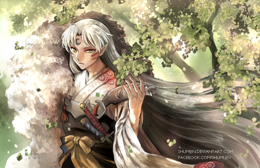 1boy armor facial_mark fingernails honeycomb_pattern inuyasha long_hair male_focus multiple_swords pointy_ears sash sesshoumaru sharp_fingernails solo sword tenseiga tokijin tree weapon white_hair yellow_eyes