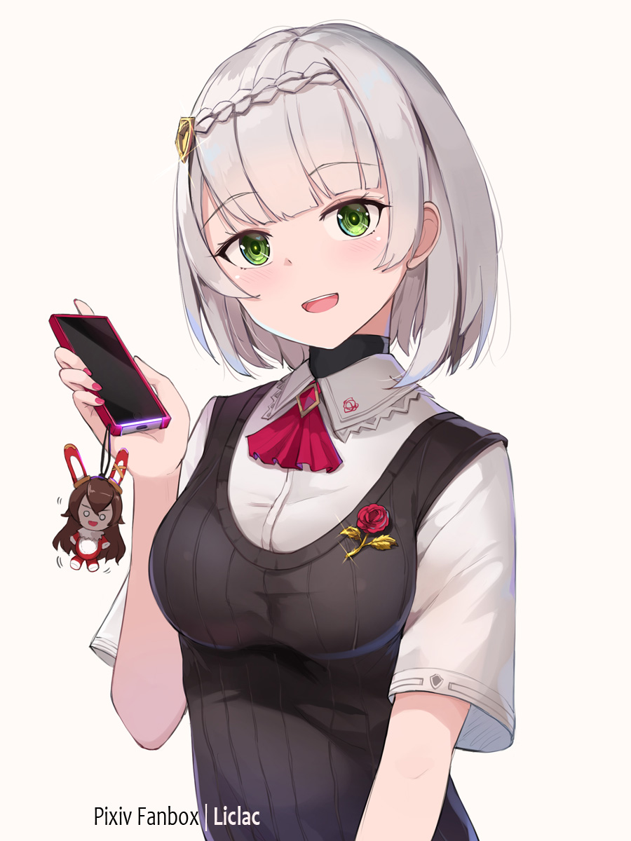 1girl :d artist_name baron_bunny_(genshin_impact) blush braid breasts brown_background cellphone cellphone_charm charm_(object) collared_shirt commentary_request dress_shirt genshin_impact glint green_eyes grey_hair hair_ornament hand_up head_tilt highres holding holding_phone liclac looking_at_viewer medium_breasts nail_polish noelle_(genshin_impact) open_mouth phone school_uniform shirt short_sleeves simple_background smartphone smile solo sweater_vest teeth upper_body upper_teeth_only white_shirt