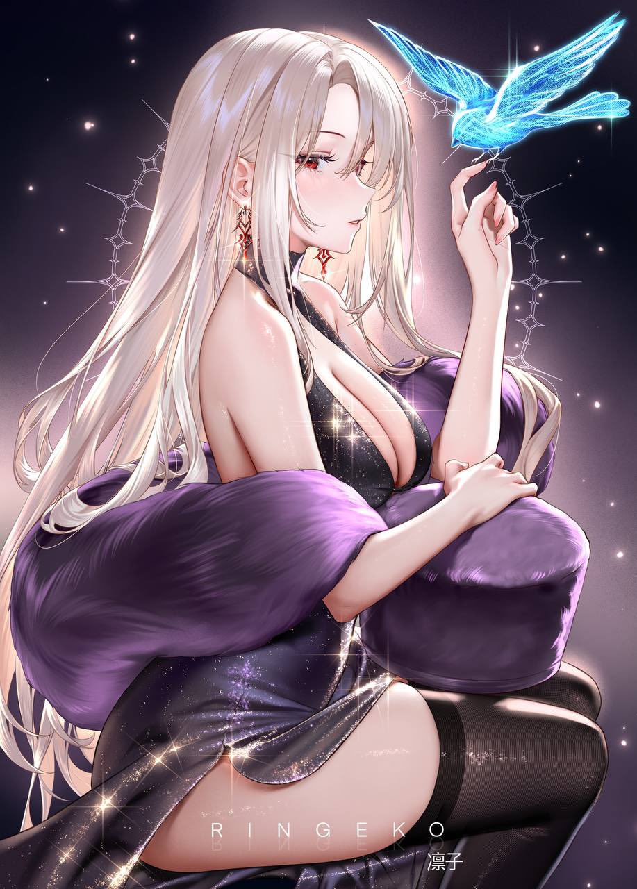 1girl aged_up alternate_costume artist_name bare_shoulders bird bird_on_hand black_thighhighs blonde_hair blue_bird blush breasts cleavage commentary dress earrings fate/stay_night fate_(series) feather_boa feet_out_of_frame fingernails from_side gradient_background highres illyasviel_von_einzbern jewelry jpeg_artifacts large_breasts long_hair looking_at_viewer parted_lips purple_dress red_eyes ringeko-chan sidelocks sitting solo thighhighs thighs very_long_hair