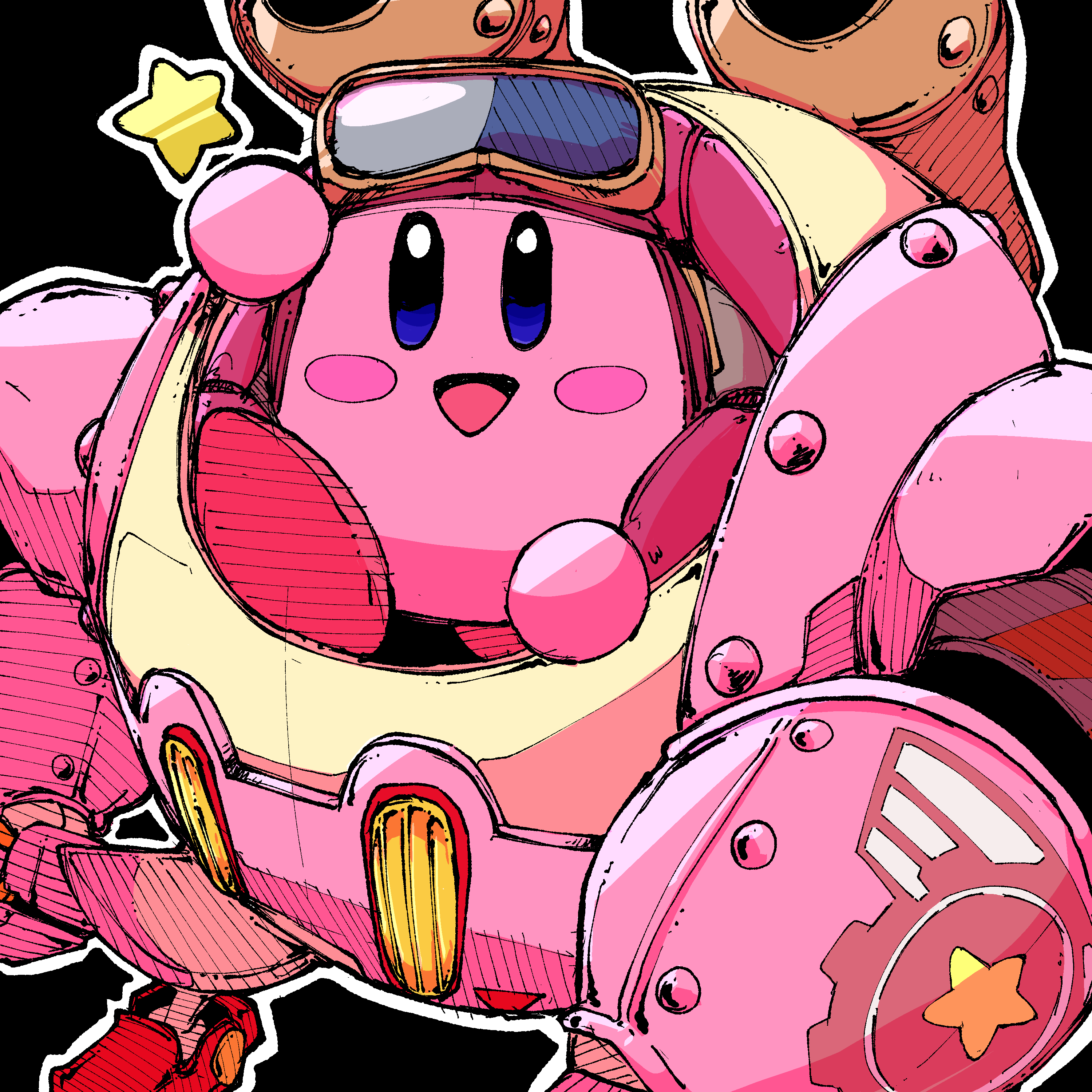 absurdres black_background blush_stickers colored_skin drawfag goggles helmet highres kirby kirby:_planet_robobot kirby_(series) looking_at_viewer mechanical_arms nintendo no_humans open_mouth outline pink_skin robobot_armor robot simple_background smile star_(symbol) white_outline