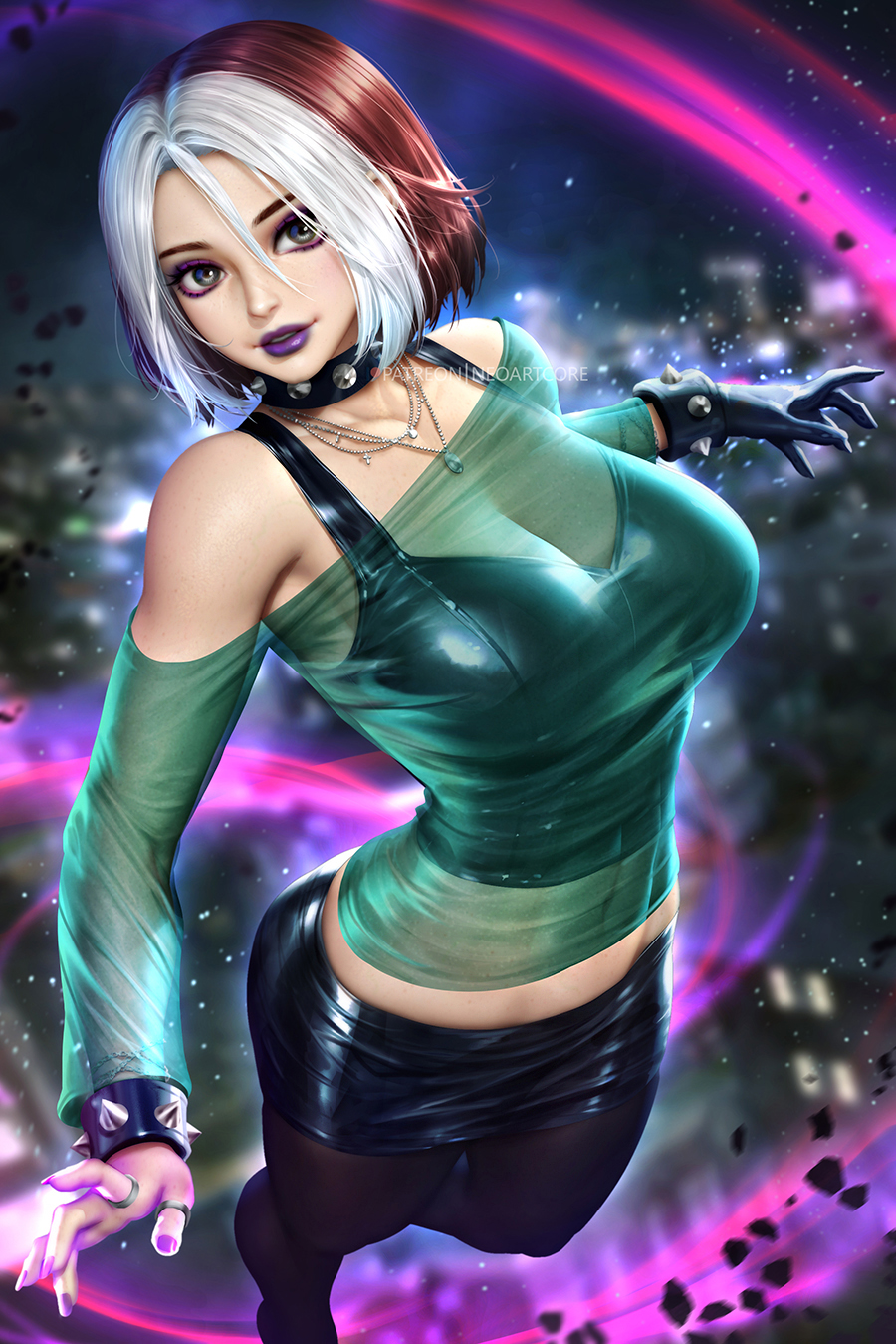 1girl black_collar black_gloves black_skirt black_tank_top bracelet breasts brown_hair cleavage collar collarbone covered_navel eyeshadow gloves grey_eyes hair_between_eyes highres jewelry large_breasts makeup marvel multicolored_hair multiple_rings necklace neoartcore pantyhose patreon_username pencil_skirt purple_eyeshadow purple_lips purple_nails ring rogue_(x-men) see-through_clothes see-through_cleavage see-through_midriff see-through_shirt short_hair single_glove skirt solo spiked_bracelet spiked_collar spikes tank_top two-tone_hair white_hair x-men x-men_evolution