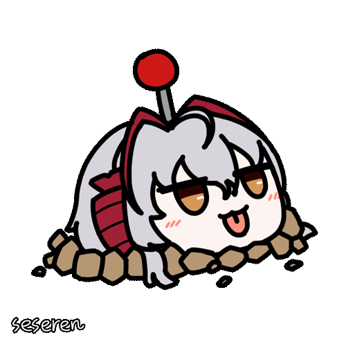1girl :p animated animated_gif antenna_hair arknights artist_name chibi chibi_only demon_horns grey_hair horns lowres orange_eyes parody partially_buried plants_vs_zombies potato_mine_(plants_vs_zombies) red_horns seseren short_hair simple_background solo tongue tongue_out transparent_background w_(arknights) wis'adel_(arknights)