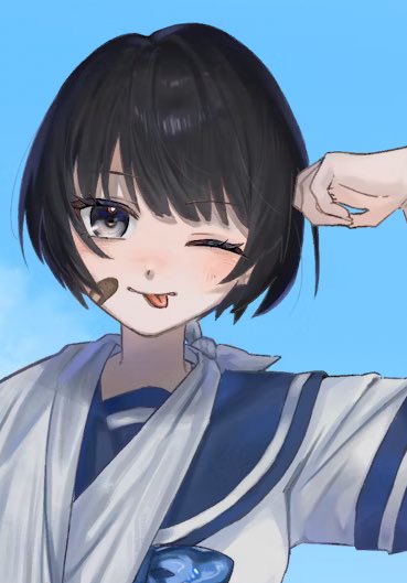 1girl ;p arm_sling arm_up bandaid bandaid_on_cheek bandaid_on_face black_hair blue_background blue_bow blue_sailor_collar blush bow commentary commission duoyun_de_tiankong grey_eyes looking_at_viewer one_eye_closed original sailor_collar school_uniform serafuku shirt short_sleeves simple_background skeb_commission solo tongue tongue_out upper_body white_shirt