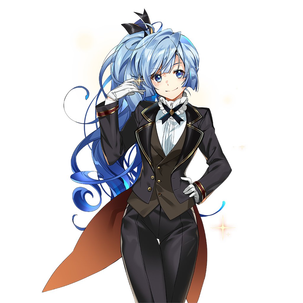 1girl ahoge black_jacket black_pants blue_eyes blue_hair breasts butler closed_mouth female_butler gloves jacket long_hair pants poseidon_(uchihime) rowe side_ponytail uchi_no_hime-sama_ga_ichiban_kawaii white_gloves