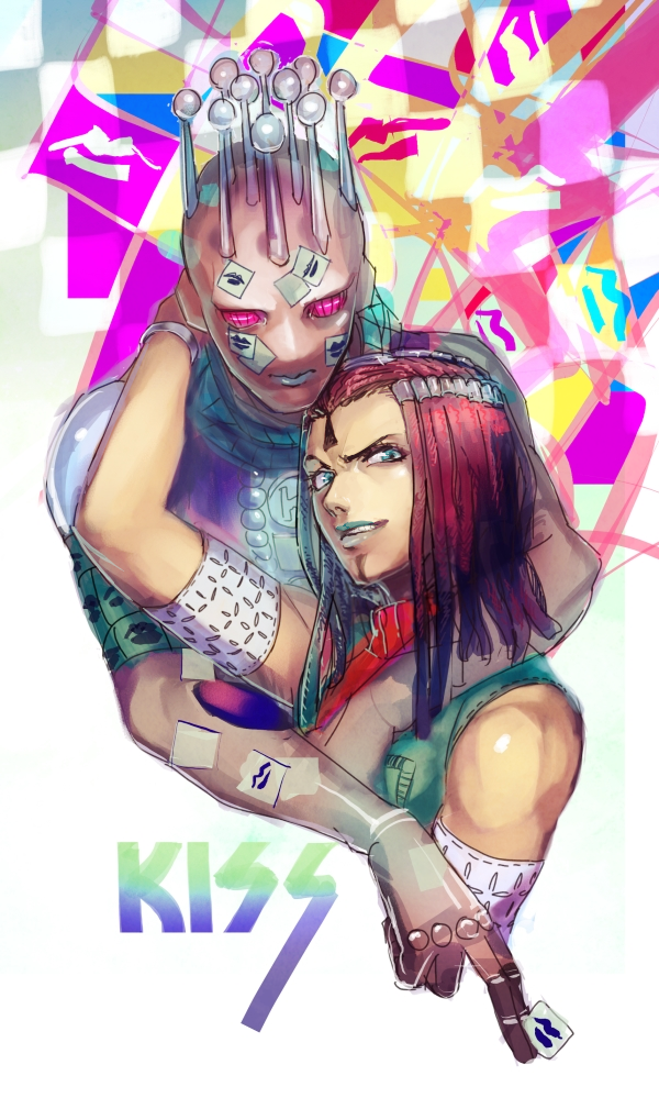 2girls bad_id bad_pixiv_id bare_shoulders black_hair blue_eyes ermes_costello dreadlocks jojo_no_kimyou_na_bouken kiss_(stand) lipstick makeup multiple_girls red_hair snooot1 stand_(jojo) sticker stone_ocean