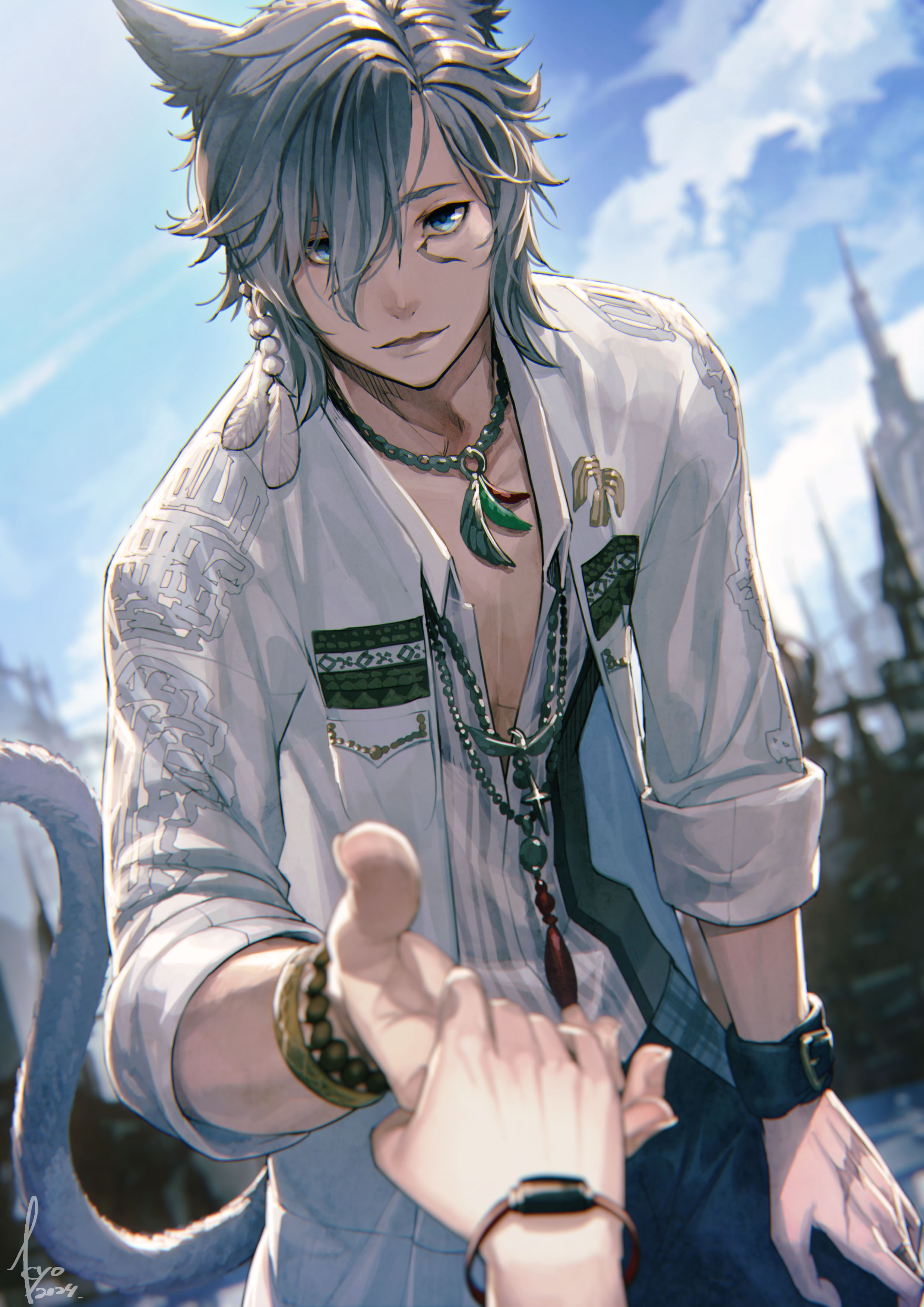 1boy absurdres animal_ears asymmetrical_hair blue_eyes blurry blurry_background blurry_foreground bracelet cat_boy cat_ears cat_tail closed_mouth collared_shirt day final_fantasy final_fantasy_xiv grey_hair hair_between_eyes highres jewelry kyo_(kuroichigo) leaning_forward light_smile lips long_bangs looking_at_viewer male_focus medium_hair miqo'te necklace open_clothes open_shirt outdoors pants parted_bangs pendant pov pov_hands shirt shirt_under_shirt solo_focus tail v-neck warrior_of_light_(ff14) wristband