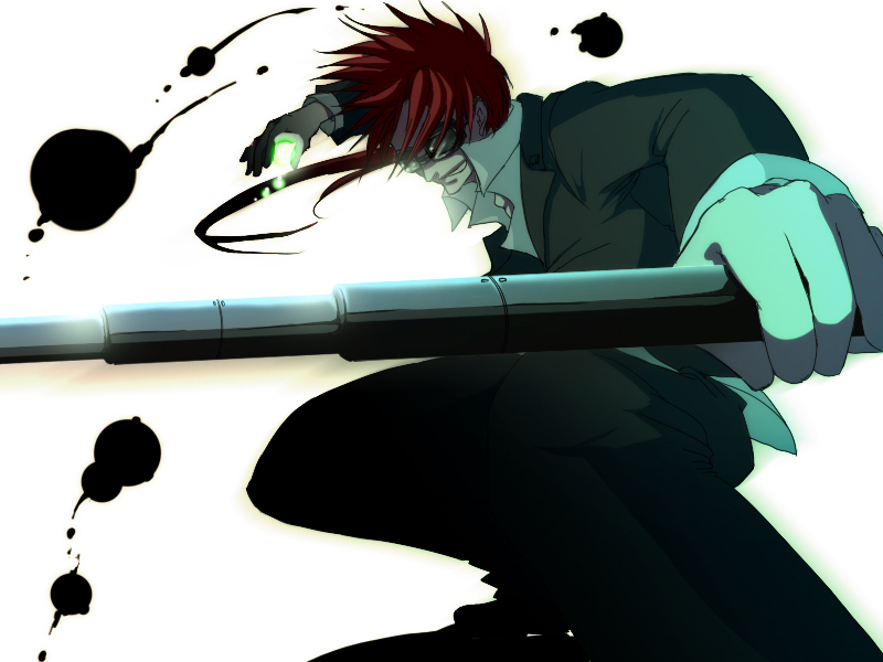 1boy black_pants black_suit final_fantasy final_fantasy_vii formal_clothes glasses holding holding_stick male_focus materia pants red_hair reno_(ff7) sakurasaku08 shirt simple_background stick suit turks_(ff7) white_background white_shirt