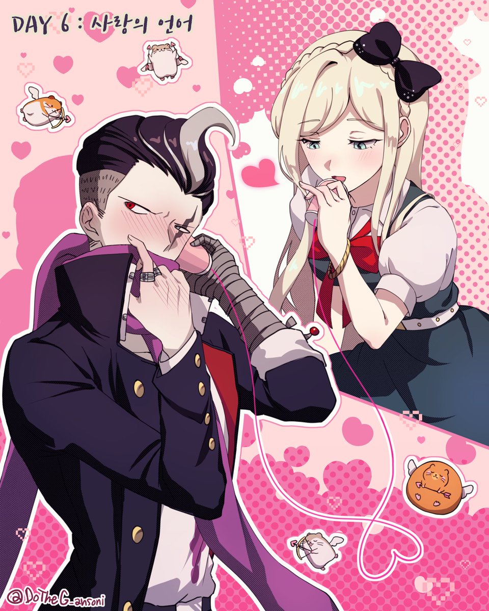 1boy 1girl animal bandaged_arm bandaged_hand bandages belt black_hair blonde_hair blush bow bowtie braid cham-p collared_shirt danganronpa_(series) danganronpa_2:_goodbye_despair dress dudeoji_(dotheg_ansoni) green_dress grey_eyes grey_hair hamster heterochromia highres holding jacket jum-p long_hair maga-g multicolored_hair open_mouth pink_background pink_scarf polka_dot polka_dot_background puffy_short_sleeves puffy_sleeves red_bow red_bowtie red_eyes scarf shirt short_hair short_sleeves sideways_glance smile sonia_nevermind string_phone sun-d tanaka_gundham translation_request two-tone_hair undercut white_belt white_shirt