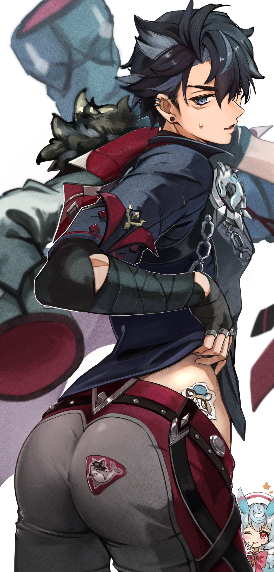 1boy 1girl ass ass_focus back black_gloves black_hair blue_eyes clothes_lift cowboy_shot ear_piercing earrings fingerless_gloves genshin_impact gloves hair_between_eyes highres jewelry lifting_own_clothes looking_down male_focus one_eye_closed open_mouth piercing shiraiyu327 shirt_lift short_hair sigewinne_(genshin_impact) simple_background solo_focus sticker sweatdrop tongue white_background wriothesley_(genshin_impact)