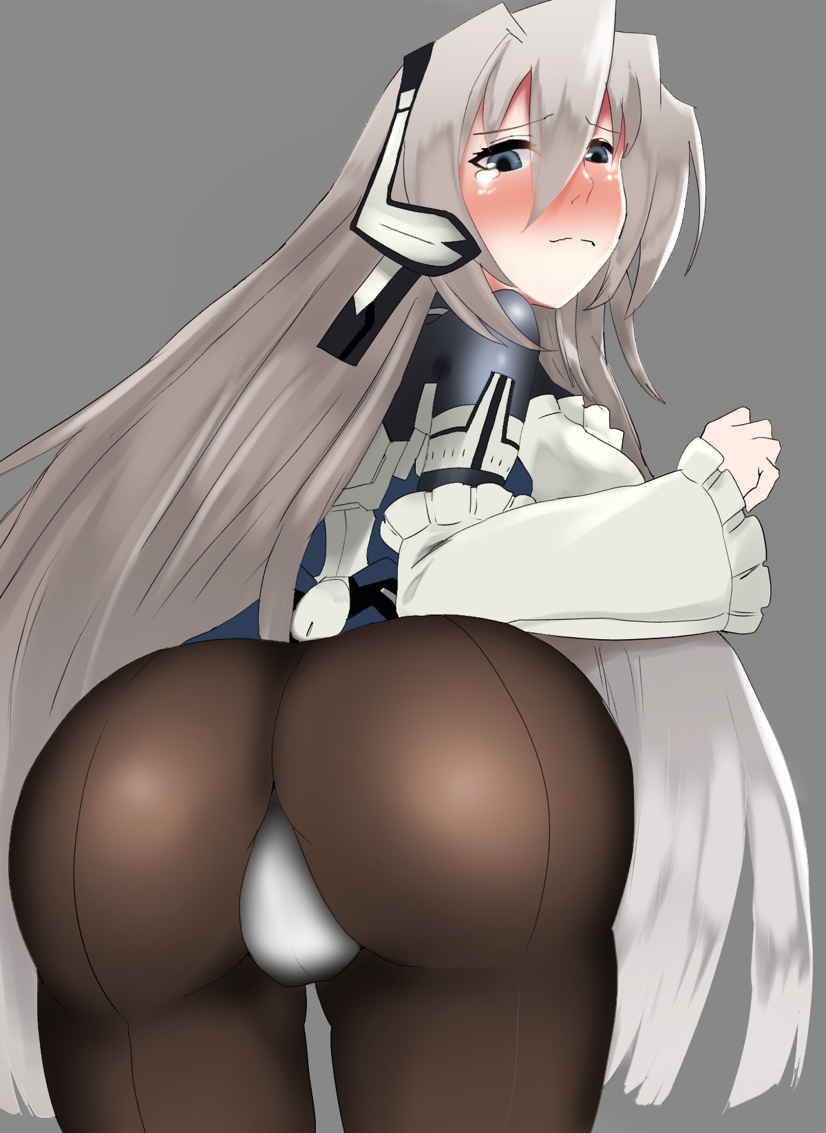 1girl artist_request ass blue_eyes blush bodysuit breasts female_focus from_behind gloves headgear highres horizon_ariadust huge_ass kyoukaisenjou_no_horizon large_breasts leaning leaning_forward long_hair looking_at_viewer pantyhose sideboob silver_hair solo tears very_long_hair wavy_mouth