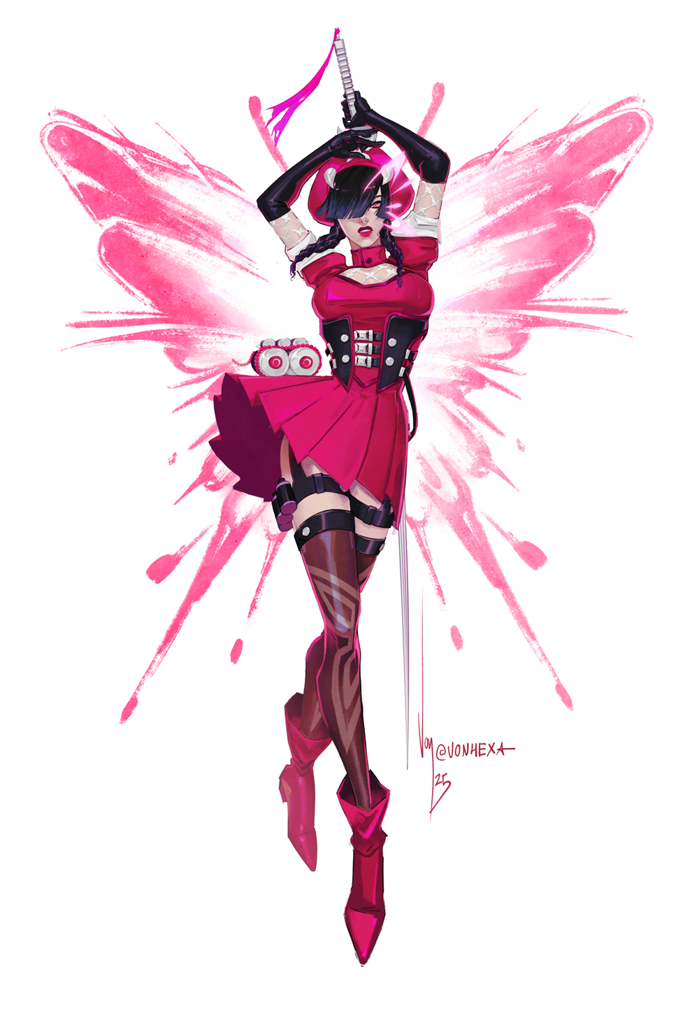 1girl black_gloves black_hair blue_eyes braid breasts bug butterfly dress elbow_gloves garter_straps gloves hair_over_one_eye hat highres insect large_breasts long_hair looking_at_viewer marvel marvel_rivals official_alternate_costume psylocke psylocke_(blood_kariudo) red_dress red_hat short_sleeves skirt solo thighhighs twin_braids vontvirus wings x-men