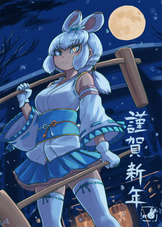 1girl animal_ears bare_shoulders blue_eyes extra_ears full_moon gloves heterochromia japanese_clothes kemono_friends kimono kneehighs long_hair moon night night_sky okyao rabbit_ears rabbit_girl skirt sky sleeveless snow socks solo tsukuyomi_shinshi_(kemono_friends) white_hair winter yellow_eyes