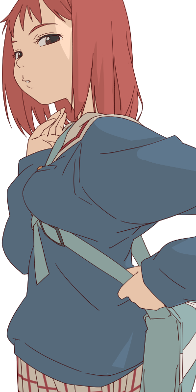 1girl aonori_misuji brown_eyes flcl lips long_sleeves looking_at_viewer plaid_clothes plaid_skirt red_hair sailor_collar samejima_mamimi school_uniform short_hair simple_background skirt solo white_background