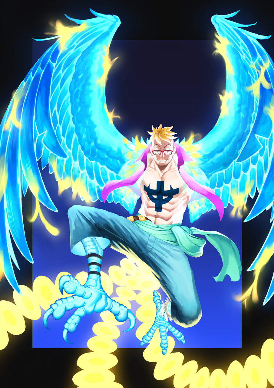 1boy abs anchor_tattoo aqua_sash black_border blonde_hair blue_wings border claws glasses harpy_boy highres jayu_(jayudesu) making-of_available male_focus marco_(one_piece) mixed-language_commentary monster_boy official_art one_piece open_clothes open_shirt purple_shirt sash shirt short_hair smile solo tattoo wings