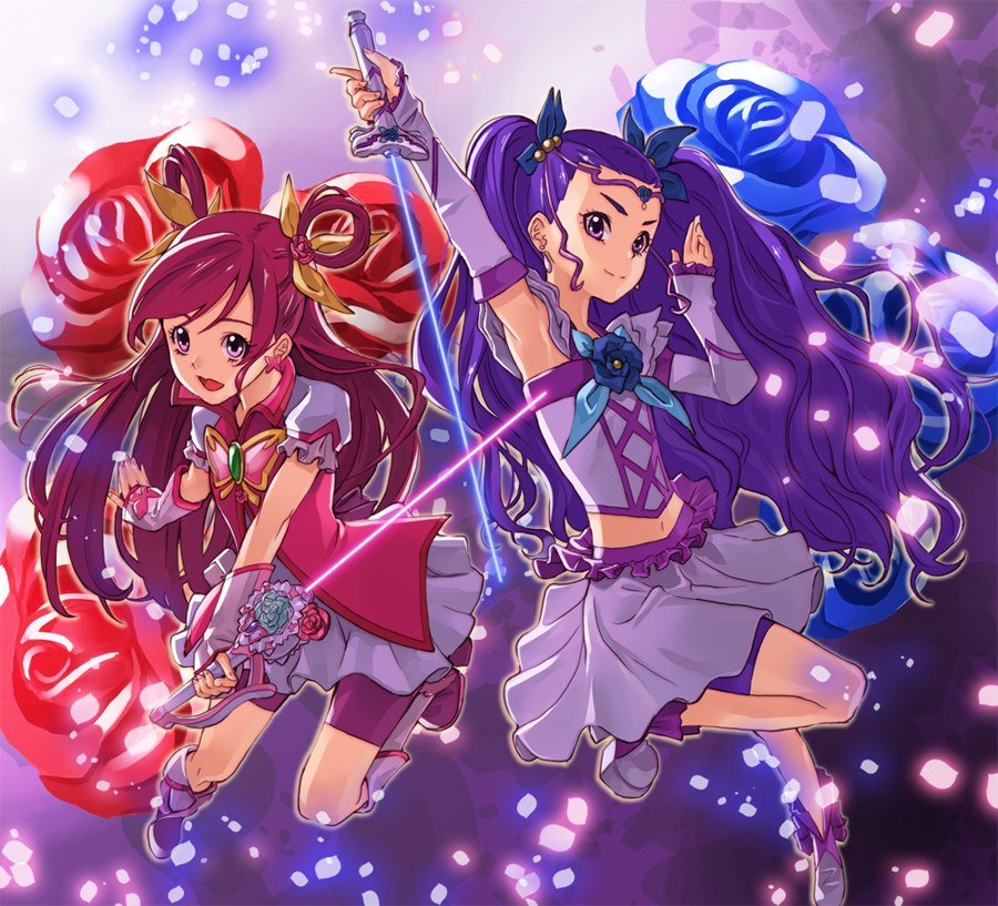 00s 2girls arm_warmers bad_id bad_pixiv_id bike_shorts blue_flower blue_rose boots brooch circlet cure_dream cure_fleuret earrings flower frills fujimo_ruru full_body hair_rings jewelry lightsaber long_hair magical_girl milk_(yes!_precure_5) milky_rose mimino_kurumi multiple_girls pink_eyes pink_hair pink_lightsaber precure purple_background purple_eyes purple_hair purple_shorts red_flower red_rose rose shoes shorts shorts_under_skirt skirt smile two_side_up yes!_precure_5 yes!_precure_5_gogo! yumehara_nozomi