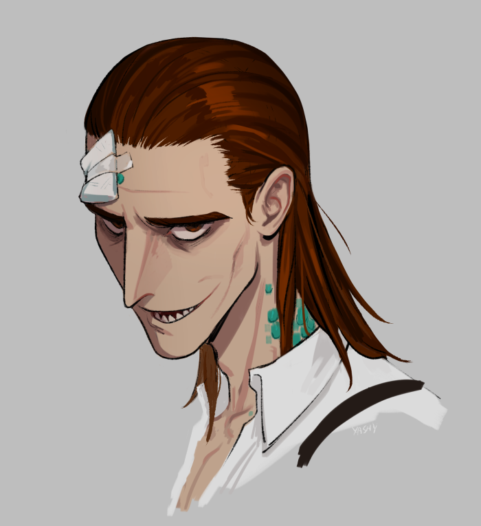 1boy bandage_on_face bandages boneworms brown_hair evil_smile green_scales headshot identity_v long_hair luchino_(identity_v) luchino_diruse sharp_teeth smile teeth