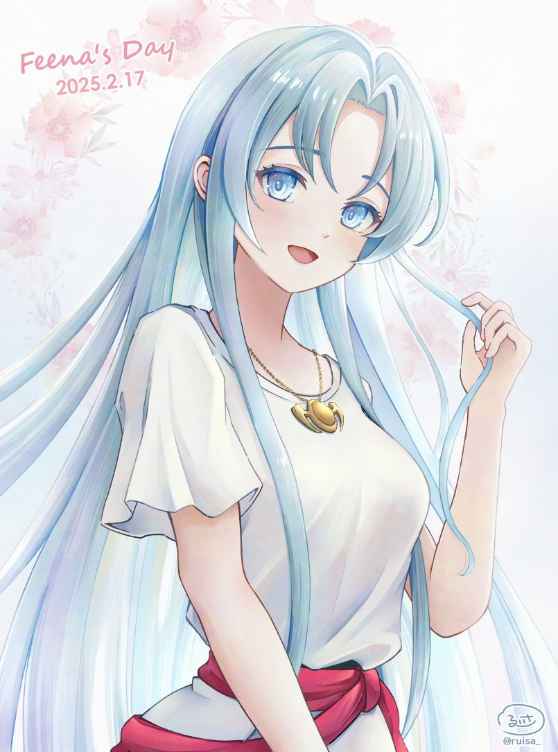 1girl ancient_ys_vanished blue_eyes blue_hair colored_eyelashes commentary_request curtained_hair dated dress feena_(ys) floral_background gold_necklace jewelry long_hair looking_at_viewer necklace open_mouth playing_with_own_hair red_sash ruisa sash smile solo standing very_long_hair white_background white_dress ys