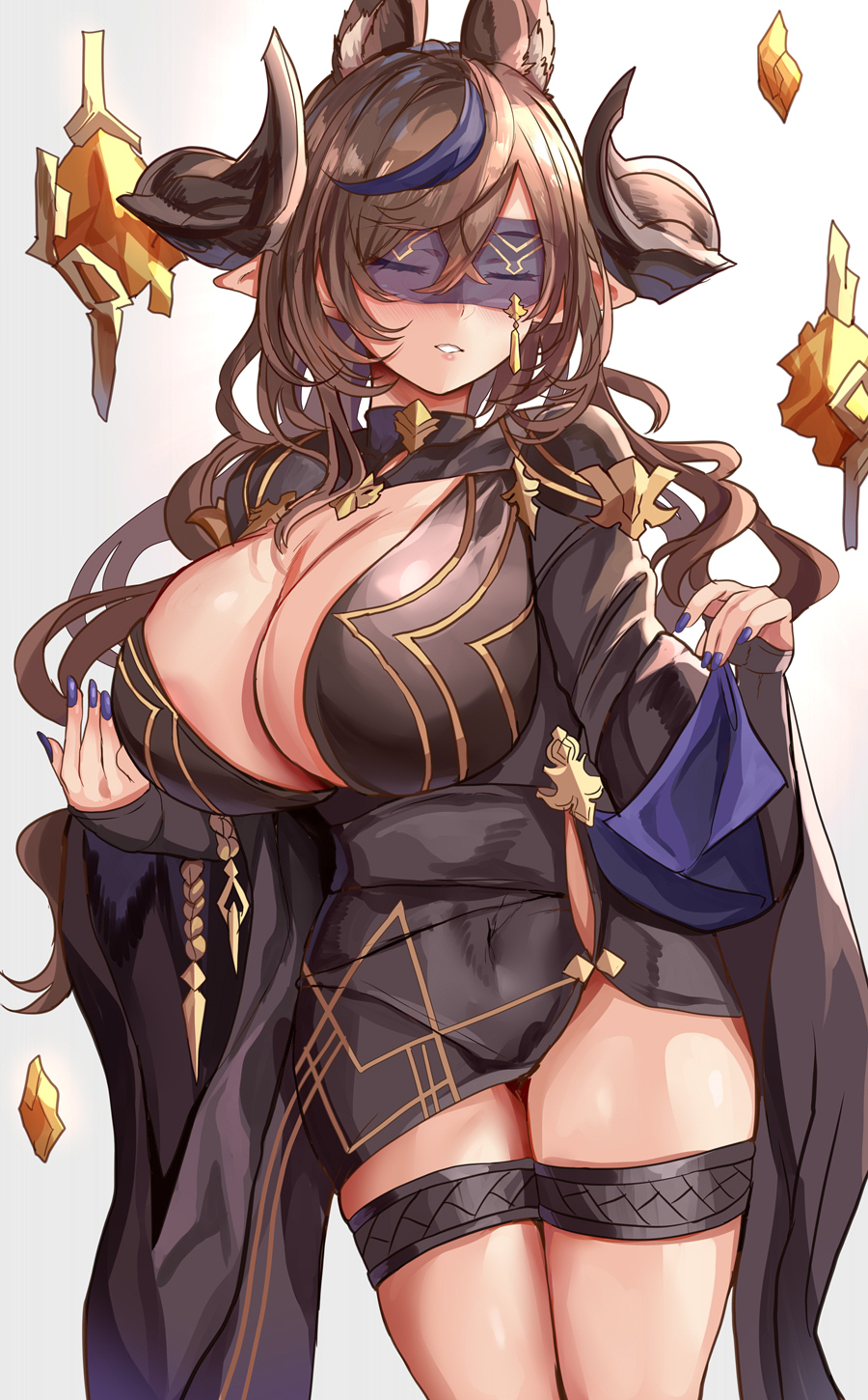 1girl blindfold blue_hair blue_nails breasts brown_hair cleavage closed_eyes commentary_request extra_ears galleon_(granblue_fantasy) galleon_(life&#039;s_compassionate_observer)_(granblue_fantasy) gradient_background granblue_fantasy highres himuro_shunsuke horns large_breasts long_sleeves multicolored_hair nail_polish parted_lips pointy_ears simple_background solo streaked_hair thigh_strap thighs