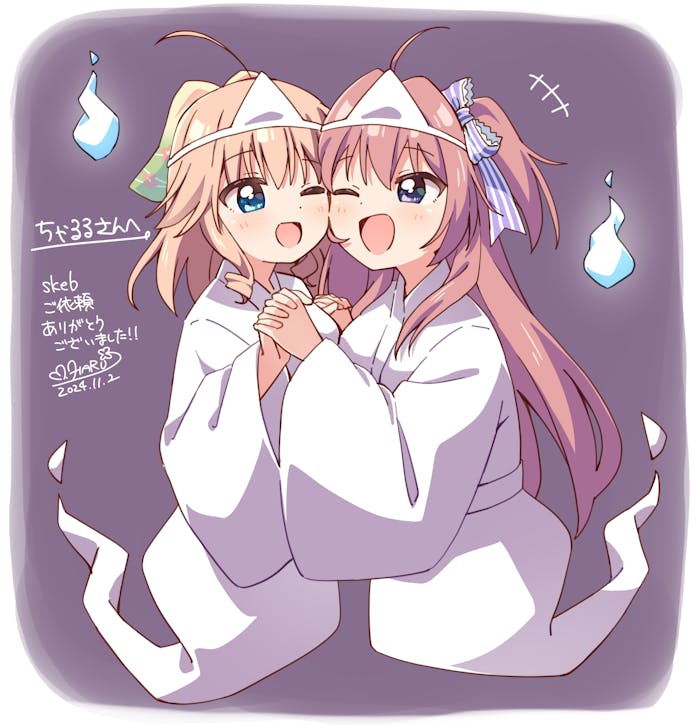 +++ 2girls ;d azuse_matsuri blonde_hair blue_eyes blush border cheek-to-cheek commentary_request commission commissioner_name dated full_body ghost hair_ribbon haru_(konomi_150) heads_together hitodama holding_hands interlocked_fingers japanese_clothes kimi_e_okuru_sora_no_hana kimono long_hair long_sleeves multiple_girls nishizono_kanna one_eye_closed open_mouth pink_hair purple_eyes purple_ribbon ribbon short_hair signature skeb_commission smile triangular_headpiece white_border white_kimono wide_sleeves yuri