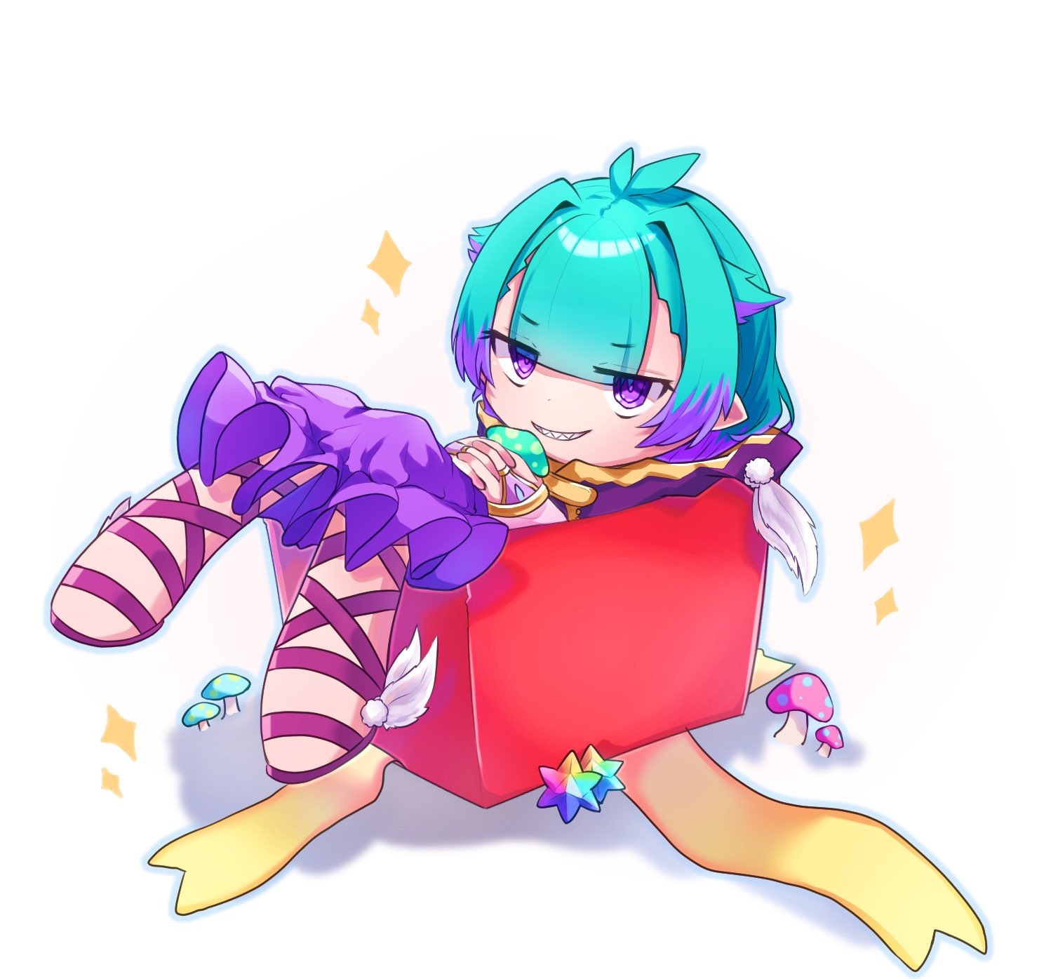 1girl box cloak commentary_request fate/grand_order fate_(series) green_hair hat highres holding holding_mushroom in_box in_container kibinago_(kibinago614) locusta_(fate) looking_at_viewer multicolored_hair mushroom pointy_ears purple_cloak purple_eyes purple_hair saint_quartz_(fate) sandals sharp_teeth short_hair simple_background smile solo teeth two-tone_hair white_background
