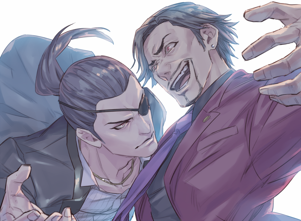 2boys angry battle black_hair black_jacket black_shirt black_suit chain collarbone commentary_request dress_shirt ear_piercing evil_smile eyepatch facial_hair fighting_stance forehead formal_clothes goatee gold_chain hair_pulled_back jacket jewelry lapel_pin leaning_forward looking_at_another majima_goro male_focus medium_hair multiple_boys necktie neckwear_request nishitani_homare open_collar open_hand open_mouth parted_hair piercing pinstripe_pattern pinstripe_shirt ponytail purple_neckwear red_eyes red_suit ryuu_ga_gotoku_(series) ryuu_ga_gotoku_0 shirt short_hair simple_background smile striped suit talgi teeth upper_body v-shaped_eyebrows white_background white_shirt