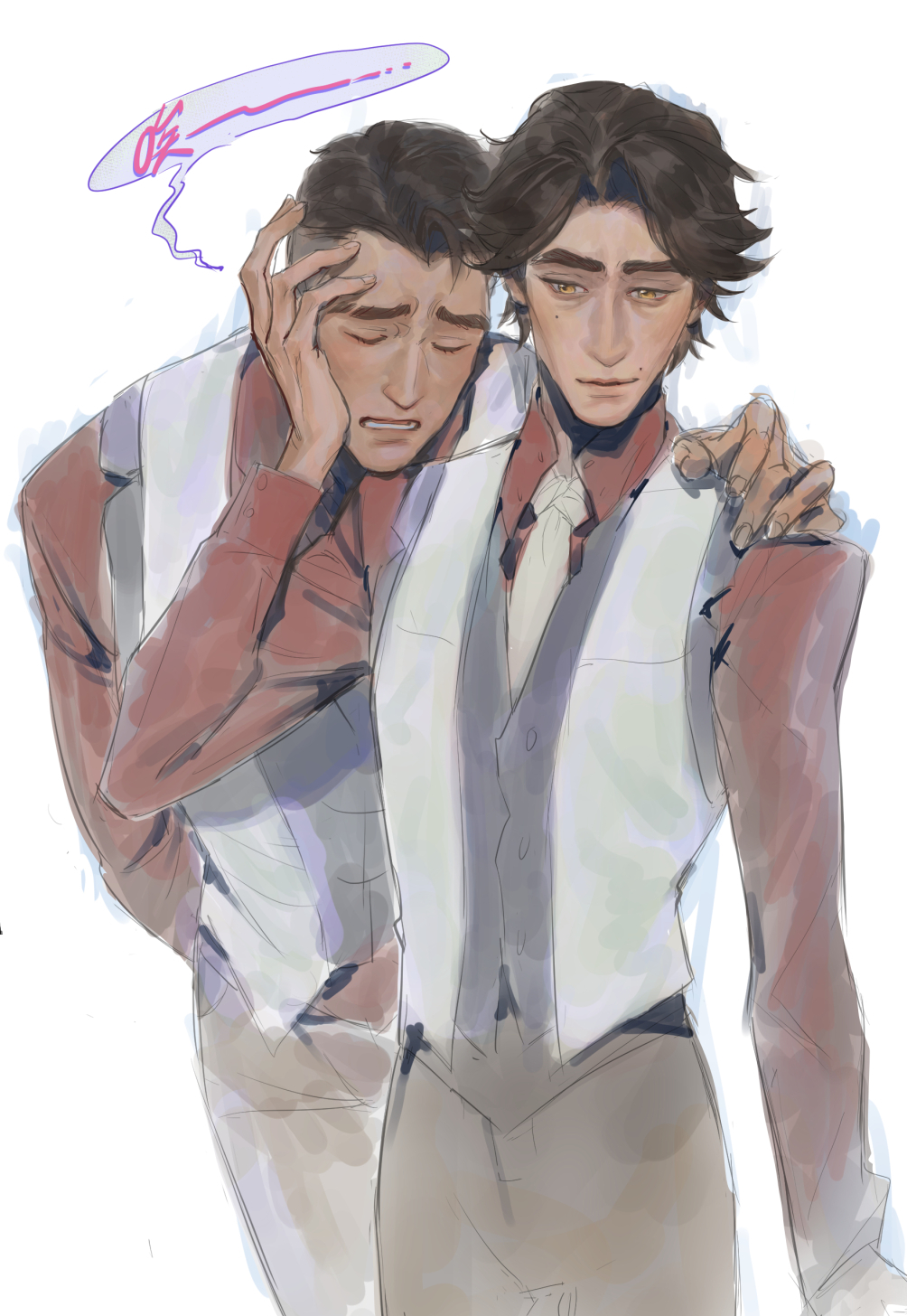 2boys arcane:_league_of_legends arcane_jayce arm_around_shoulder arm_up brown_hair chinese_commentary clenched_teeth closed_eyes collared_shirt colored_speech_bubble commentary_request curtained_hair hand_on_another&#039;s_face head_rest highres jayce_(league_of_legends) league_of_legends long_sleeves looking_down luckytea_777 male_focus multiple_boys necktie parted_bangs parted_hair red_shirt shirt simple_background smile speech_bubble standing teeth vest viktor_(arcane) viktor_(league_of_legends) white_background white_necktie white_vest wing_collar yellow_eyes