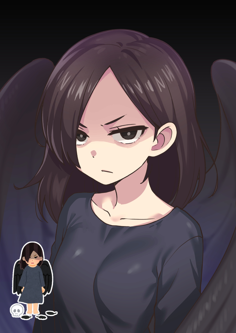 1girl black_dress black_eyes black_wings breasts character_request closed_mouth collarbone dress feathers heebee irasutoya irasutoya_challenge long_hair looking_at_viewer simple_background skull solo wings