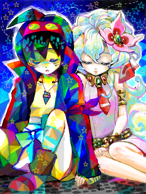 00s 1boy 1girl aged_down closed_eyes colorful couple flower goggles hair_flower hair_ornament hetero jewelry nia_teppelin nosuke_(umiboshi) simon_(ttgl) sitting tegaki tengen_toppa_gurren_lagann