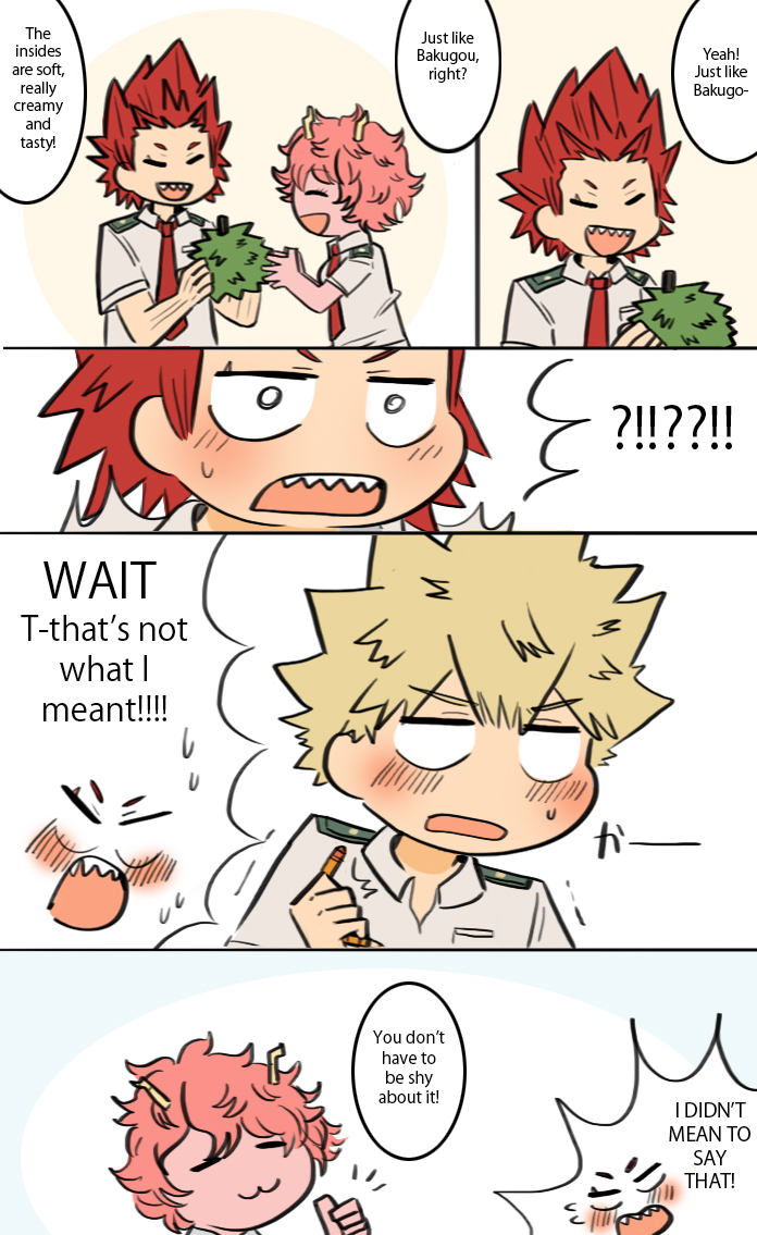 10s 1girl 2boys ashido_mina bakugou_katsuki boku_no_hero_academia comic durian embarrassed english_text food fruit kirishima_eijirou multiple_boys school_uniform speech_bubble spiked_hair text_focus thumbs_up