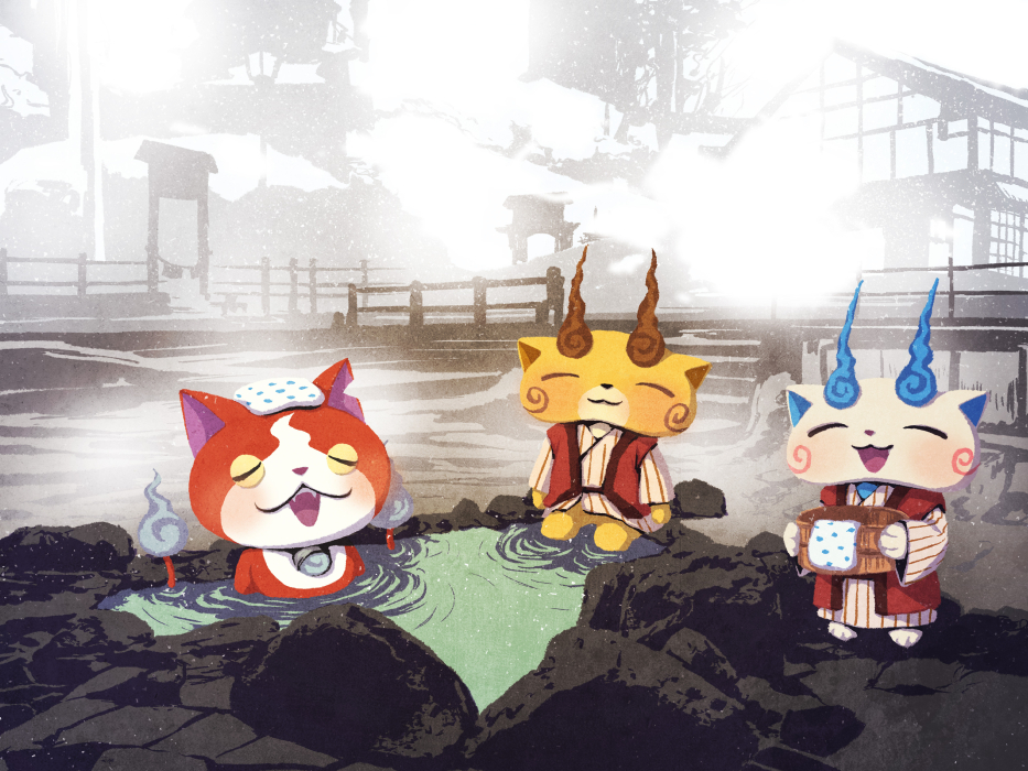 cat closed_eyes fangs jibanyan kirara_(hitominak3) komajirou komasan multiple_tails no_humans notched_ear onsen open_mouth tail two_tails youkai_(youkai_watch) youkai_watch