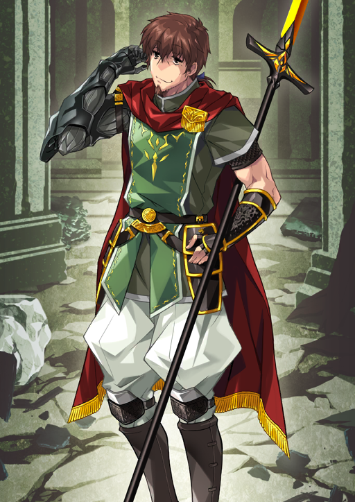 1boy arm_armor armor asymmetrical_sleeves belt belt_buckle black_(artist) black_belt black_gloves boots bracer brown_boots brown_eyes brown_facial_hair brown_hair buckle cape closed_mouth durindana_(fate) elbow_gloves facial_hair fate/grand_order fate_(series) faulds feet_out_of_frame fingerless_gloves gloves goatee gold_trim green_tunic grey_gloves hair_between_eyes hand_on_own_hip hand_up hector_(fate) long_hair looking_at_viewer low_ponytail male_focus official_art pants polearm ponytail red_cape short_sleeves single_bracer single_elbow_glove single_fingerless_glove single_glove sleeveless smile solo standing third-party_source toned toned_male tunic uneven_sleeves variant_set weapon white_pants