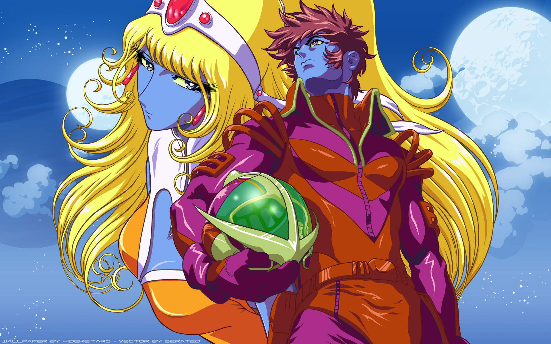 1boy 1girl alien artist_name blonde_hair blue_background blue_eyes blue_skin bodysuit breasts brown_hair cleavage cleavage_cutout clothing_cutout cloud cloudy_sky colored_sclera colored_skin derivative_work earrings forehead_jewel gem gradient_background headband heart_cutout helmet hidekeitaro high_ponytail highres holding interstella_5555 jewelry long_hair looking_afar looking_at_viewer medium_breasts multiple_moons pilot_suit planet ponytail purple_eyes science_fiction shep_(interstella_5555) sky space spacesuit star_(sky) stella_(interstella_5555) turning_head very_long_hair yellow_sclera