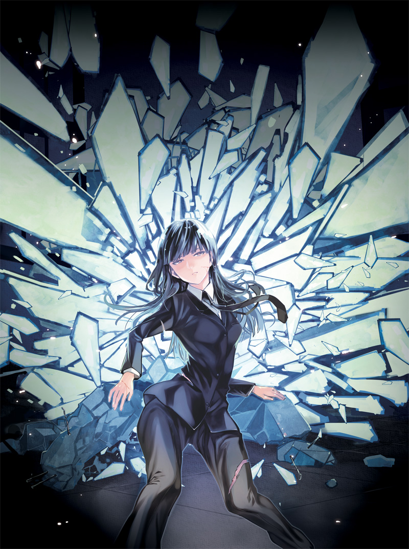 1girl bad_id bad_pixiv_id black_hair blood cuts darker_than_black female_focus formal_clothes glass hazuki_mina_(darker_than_black) hime_cut injury long_hair necktie ocha_(oteaaa) solo suit torn_clothes yellow_eyes