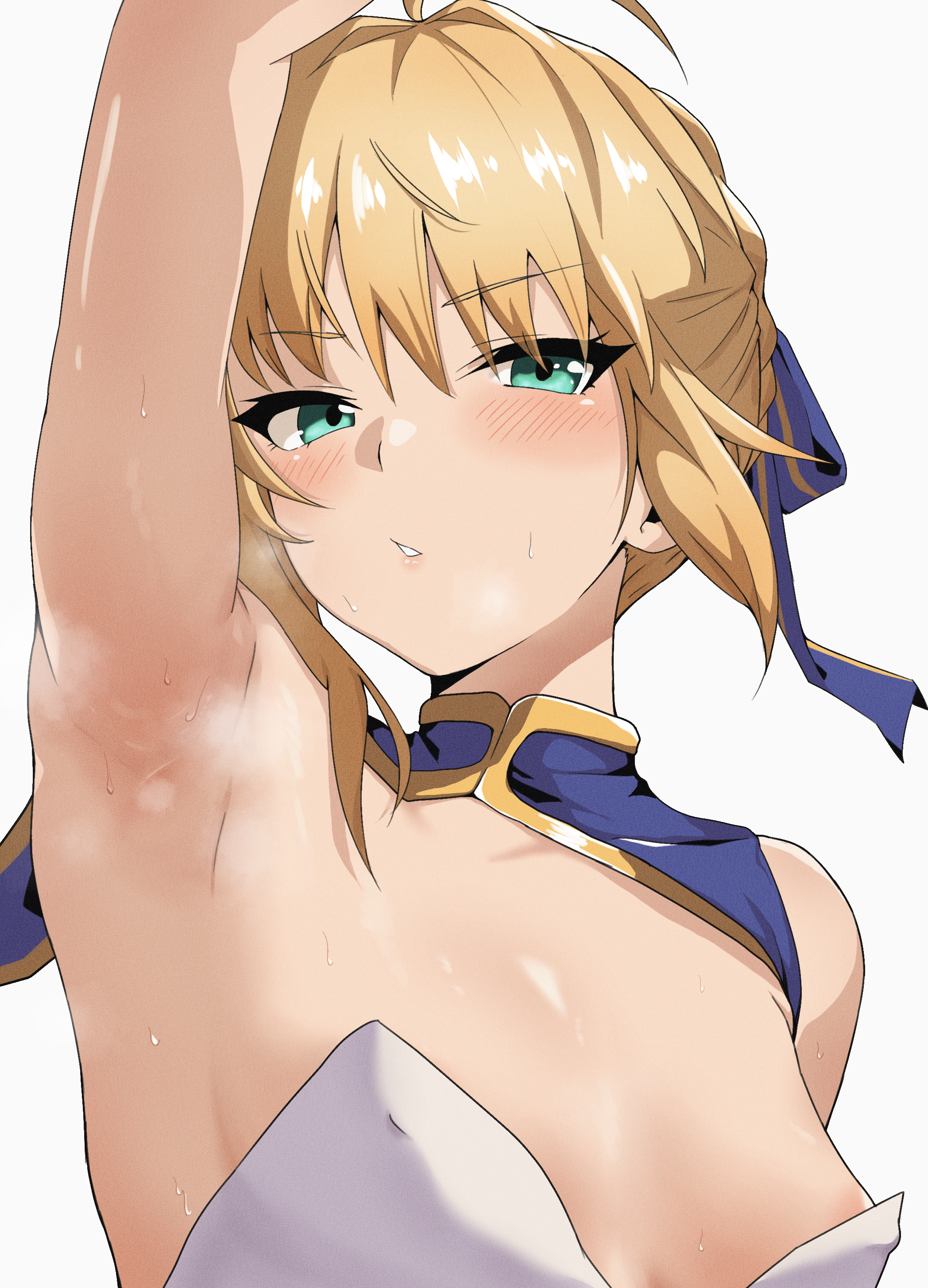 1girl absurdres ahoge areola_slip arm_up armpits artoria_pendragon_(fate) blonde_hair blush breasts commentary_request covered_erect_nipples crossover fate/stay_night fate_(series) green_eyes highres honkai:_star_rail honkai_(series) looking_at_viewer neinlol saber_(fate) saber_(honkai:_star_rail)_(fate) short_hair simple_background small_breasts solo upper_body white_background