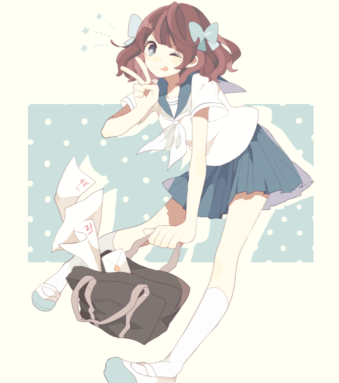 1girl ;p bag black_bag blue_bow blue_sailor_collar blue_skirt bow bright_pupils brown_hair commentary_request envelope full_body hair_bow holding holding_bag maco22 miniskirt neckerchief one_eye_closed original papers pleated_skirt polka_dot polka_dot_background sailor_collar school_bag school_uniform serafuku shirt shoes short_sleeves skirt smile socks tongue tongue_out uwabaki v white_neckerchief white_pupils white_shirt white_shoes white_socks