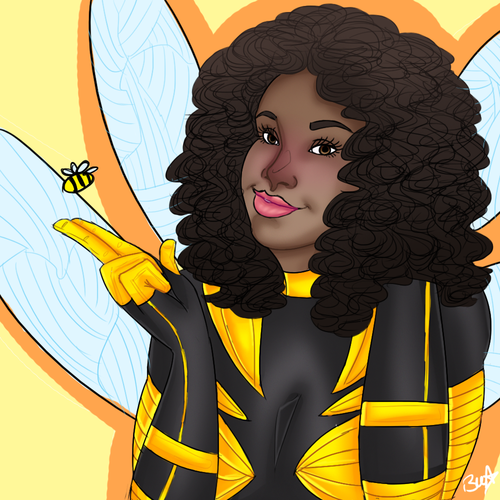 1girl bee bee_costume black_hair bodysuit brown_eyes bug bumble_bee curly_hair dark_skin dark-skinned_female dc_comics female_focus gloves head_rest bug insect_wings karen_beecher lowres smile solo wings yellow_background