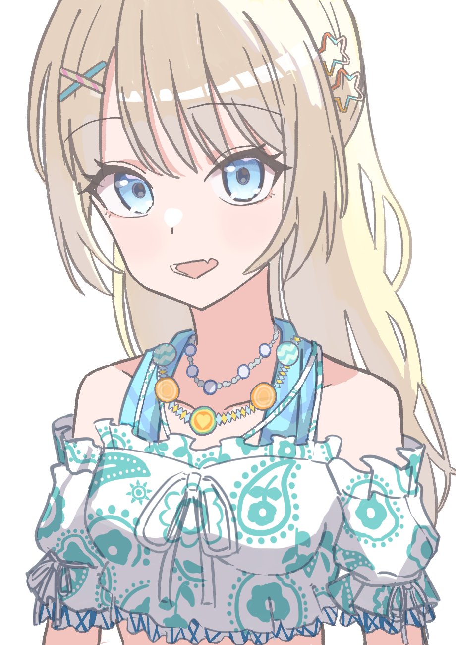 1girl :d blonde_hair blue_eyes collarbone commentary cropped_shirt detached_sleeves fang frilled_shirt frilled_sleeves frills hair_ornament hairclip hashtag-only_commentary highres link!_like!_love_live! long_hair looking_at_viewer love_live! midriff natsumeki_pain official_alternate_costume open_mouth osawa_rurino print_shirt s_(y7555128265305) shirt simple_background skin_fang sleeveless sleeveless_shirt smile solo star_(symbol) star_hair_ornament upper_body virtual_youtuber white_background white_shirt white_sleeves x_hair_ornament