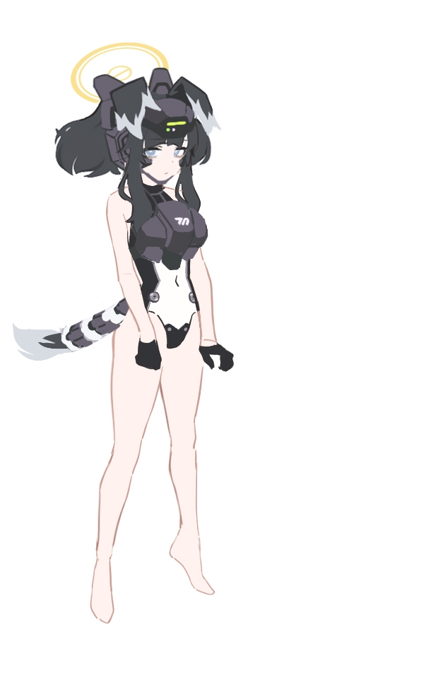1girl alternate_costume animal_ears armor barefoot black_hair blue_archive breastplate concept_art dog_ears dog_tail full_body gloves halo headgear hibiki_(blue_archive) leotard mimitoke simple_background solo standing tail white_background
