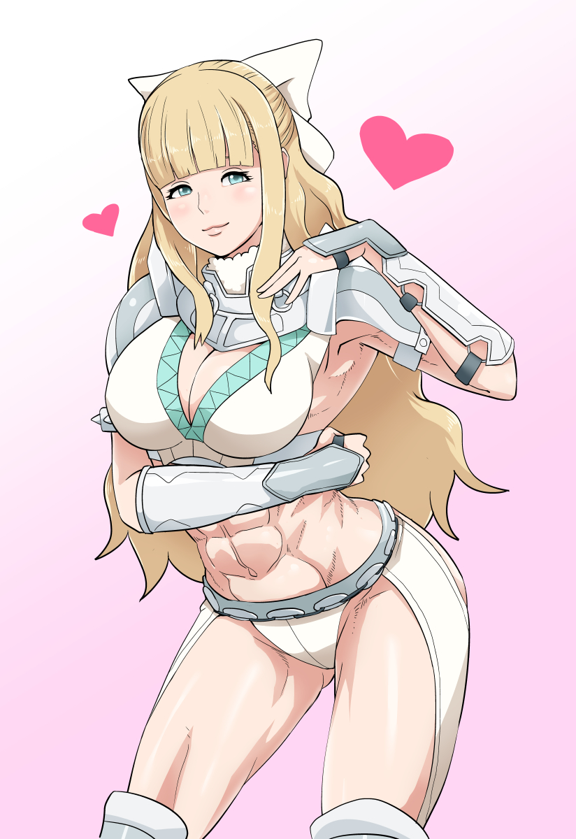 1girl abs armor armpits bad_id bad_pixiv_id bikini_armor blonde_hair blue_eyes blunt_bangs blush bow breasts charlotte_(fire_emblem) cleavage female_focus fire_emblem fire_emblem_fates heart highres kishio_(agedama) large_breasts lips muscular muscular_female navel nintendo pink_background smile solo thighs vambraces white_bow