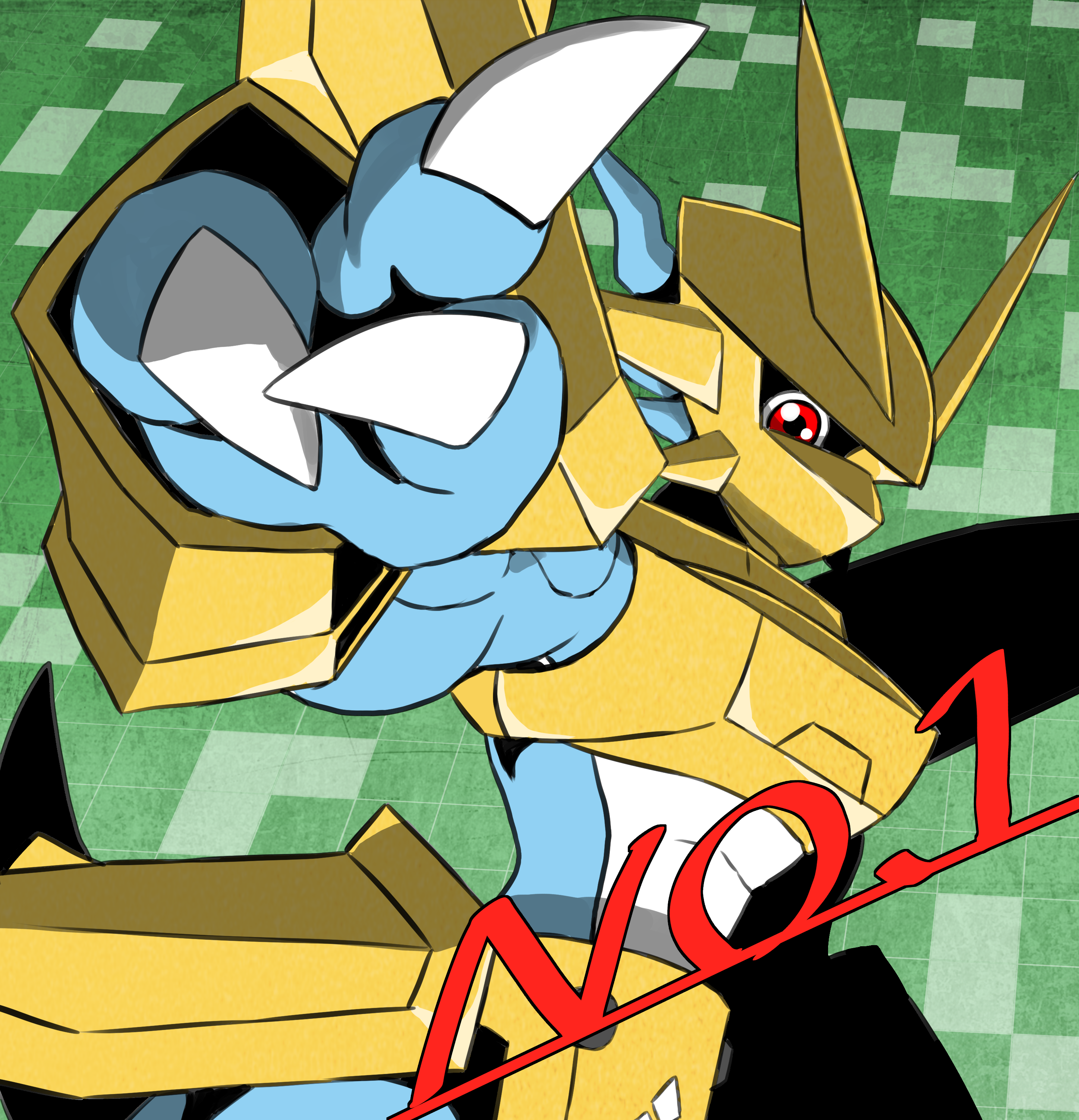 absurdres armor blue_skin colored_skin commentary digimon digimon_(creature) dragon fewer_digits gold_armor highres looking_at_viewer magnamon multicolored_skin red_eyes shoulder_armor solo upper_body white_skin yamamoto_zetta
