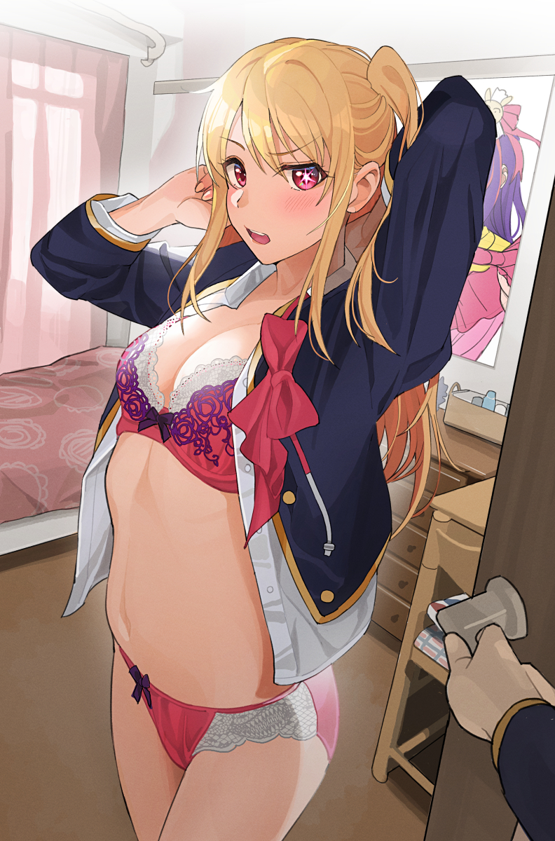 1boy 1girl bed bedroom blonde_hair blush bow bowtie bra breasts bromide brother_and_sister commentary_request cowboy_shot door highres hoshino_ai hoshino_aquamarine hoshino_ruby indoors long_hair mismatched_pupils navel one_side_up opening_door oshi_no_ko panties poster_(object) red_bow red_bowtie red_bra red_eyes red_panties school_uniform siblings small_breasts solo_focus star-shaped_pupils star_(symbol) stomach symbol-shaped_pupils tipii twins underwear undressing walk-in youtou_high_school_uniform