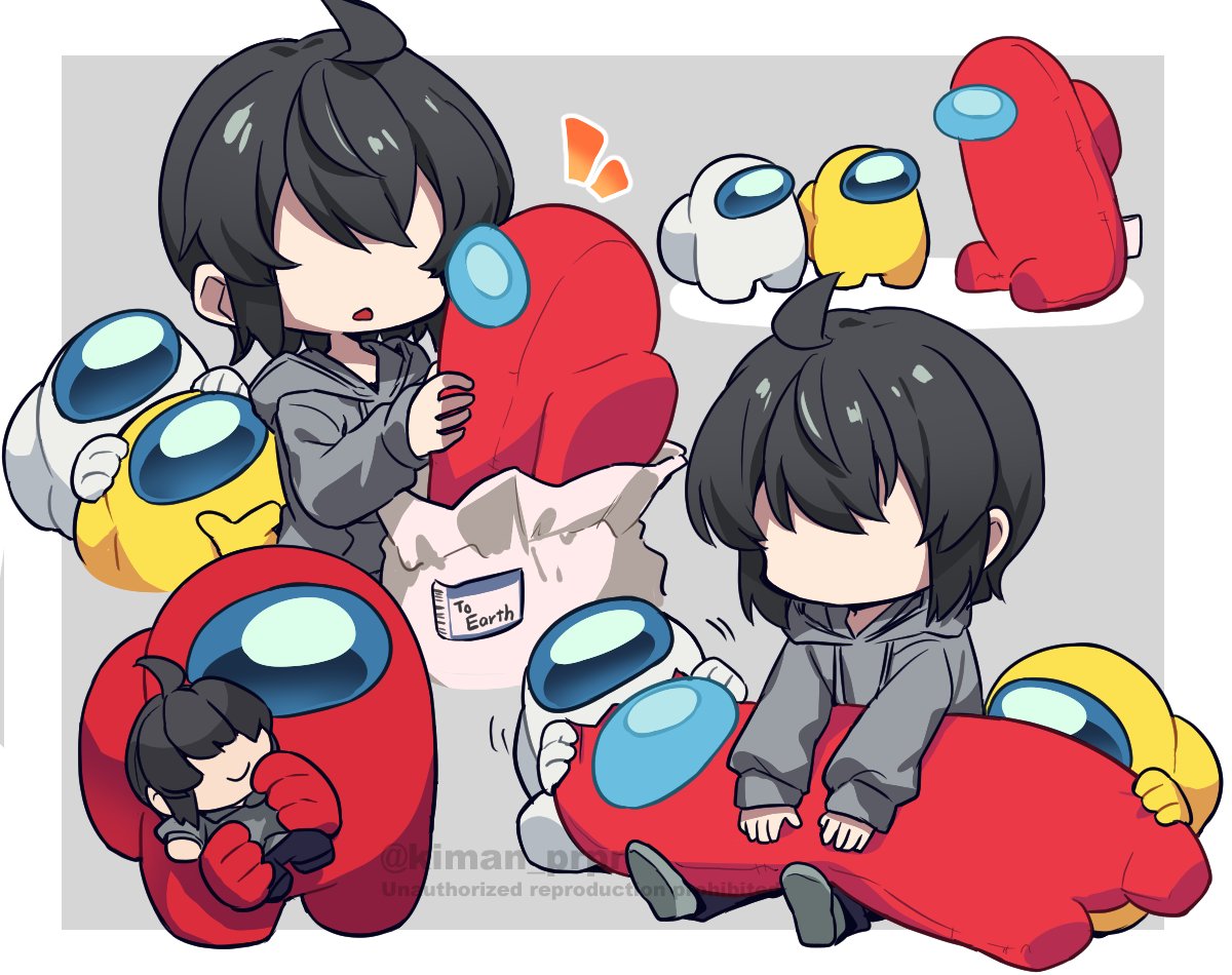 4others ahoge ambiguous_gender among_us androgynous bag biting black_hair blue_pants character_doll crewmate_(among_us) disembodied_hand doll english_text faceless grey_hoodie hands_on_another's_head holding holding_stuffed_toy hood hoodie impostor_(among_us) kiman label multiple_others multiple_views original pants rayman_limbs red_(among_us) sidelocks sitting smile socks spacesuit standing stuffed_toy they_(kiman) twitter_username watermark white_(among_us) white_bag yellow_(among_us)